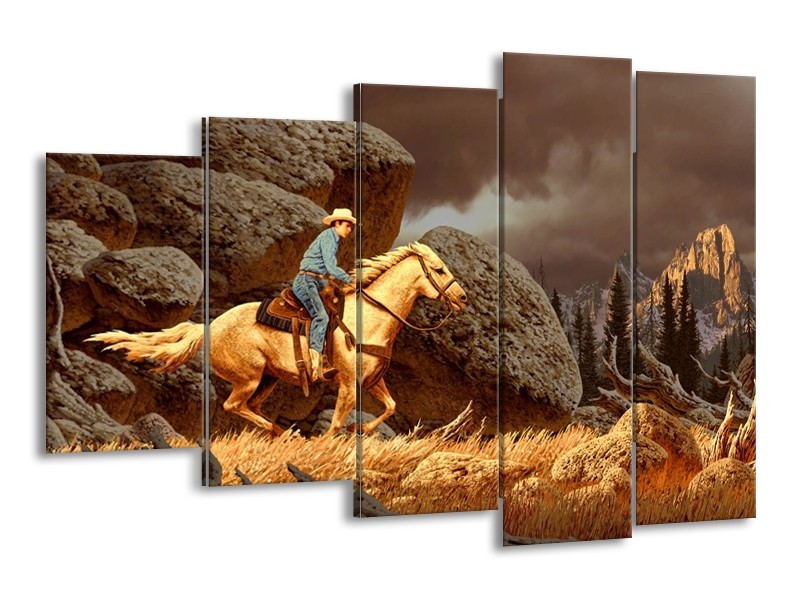 Canvas schilderij Paard | Bruin, Geel, Grijs | 150x100cm 5Luik