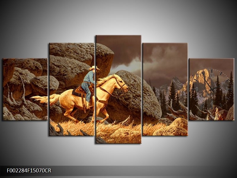 Klok schilderij Paard | Bruin, Geel, Grijs | 150x70cm 5Luik