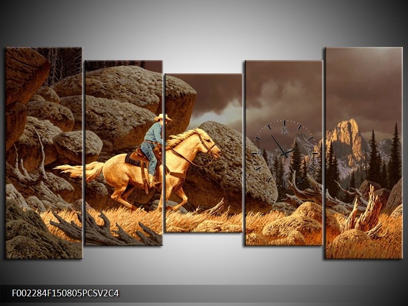 Klok schilderij Paard | Bruin, Geel, Grijs | 150x80cm 5Luik