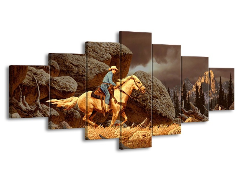 Canvas schilderij Paard | Bruin, Geel, Grijs | 210x100cm 7Luik