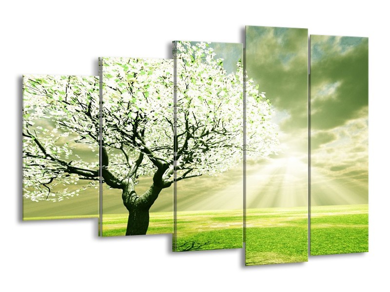 Canvas schilderij Boom | Groen, Wit, Zwart | 150x100cm 5Luik