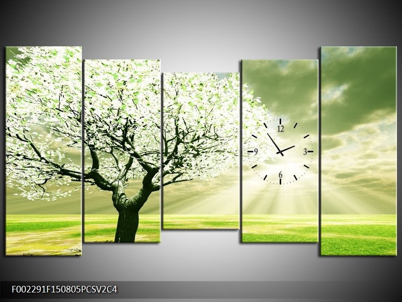 Klok schilderij Boom | Groen, Wit, Zwart | 150x80cm 5Luik
