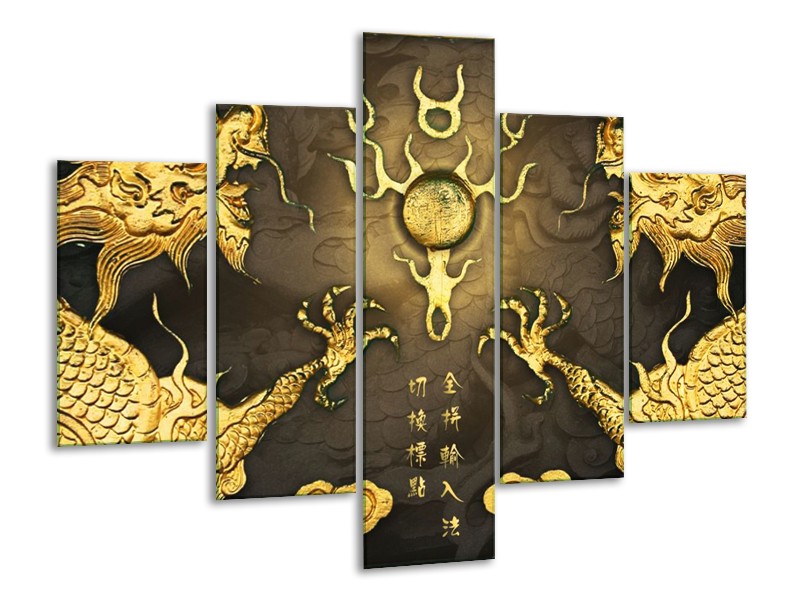 Canvas schilderij Draak | Goud, Bruin | 100x70cm 5Luik