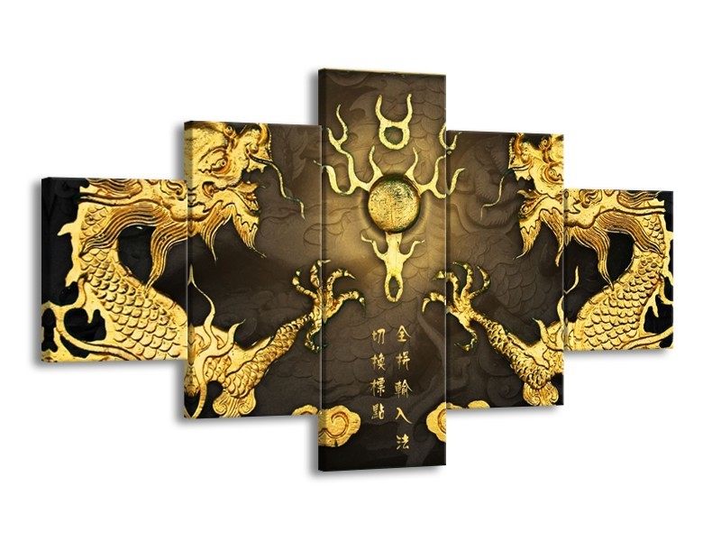 Canvas schilderij Draak | Goud, Bruin | 125x70cm 5Luik
