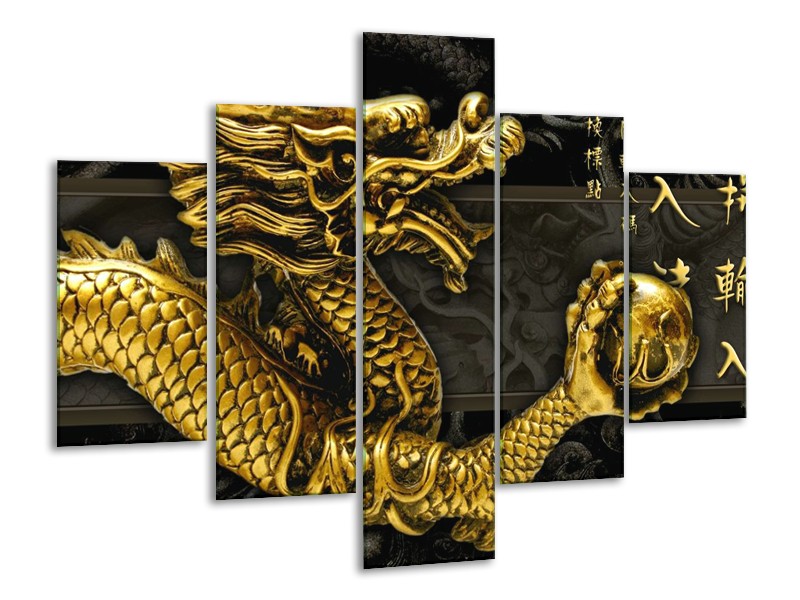 Canvas schilderij Draak | Goud, Grijs | 100x70cm 5Luik