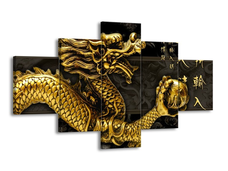 Canvas schilderij Draak | Goud, Grijs | 125x70cm 5Luik