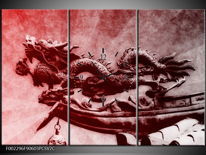 Klok schilderij Draak | Rood, Grijs, Wit | 90x60cm 3Luik