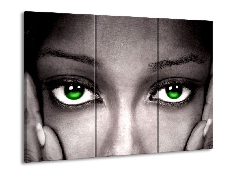 Canvas schilderij Gezicht | Zwart, Wit, Groen | 90x60cm 3Luik