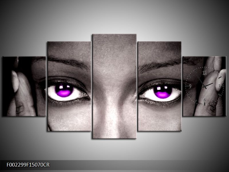 Klok schilderij Gezicht | Zwart, Wit, Paars | 150x70cm 5Luik