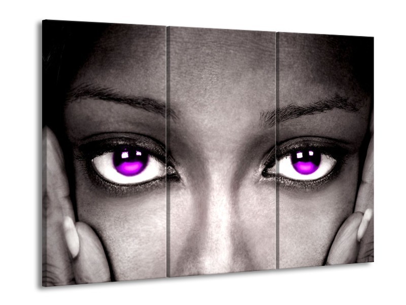 Canvas schilderij Gezicht | Zwart, Wit, Paars | 90x60cm 3Luik