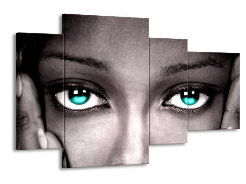 Canvas schilderij Gezicht | Zwart, Wit, Blauw | 120x75cm 4Luik