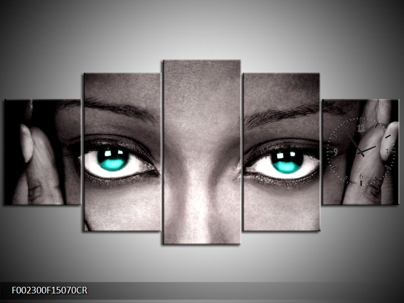 Klok schilderij Gezicht | Zwart, Wit, Blauw | 150x70cm 5Luik