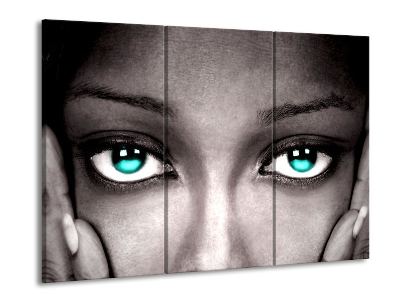 Canvas schilderij Gezicht | Zwart, Wit, Blauw | 90x60cm 3Luik