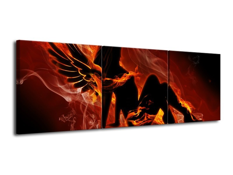 Canvas schilderij Vrouw | Zwart, Oranje, Geel | 120x40cm 3Luik