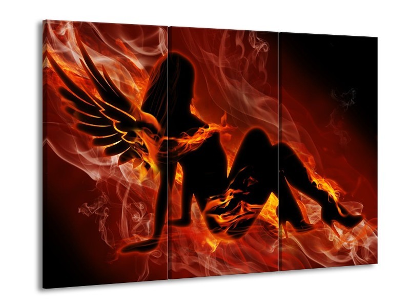 Canvas schilderij Vrouw | Zwart, Oranje, Geel | 90x60cm 3Luik