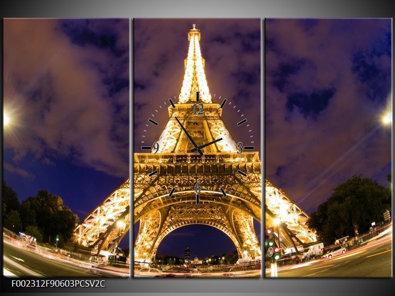 Klok schilderij Eiffeltoren | Geel, Paars, Grijs | 90x60cm 3Luik