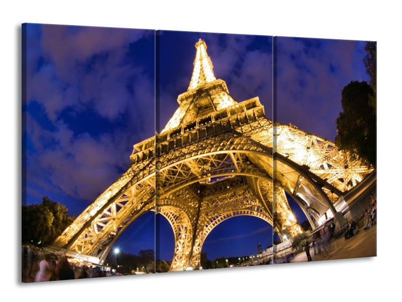 Canvas schilderij Eiffeltoren | Blauw, Geel, Wit | 165x100cm 3Luik