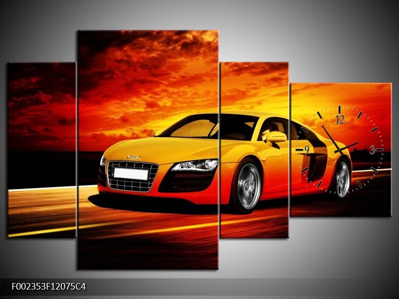 Klok schilderij Audi | Geel, Oranje, Zwart | 120x75cm 4Luik