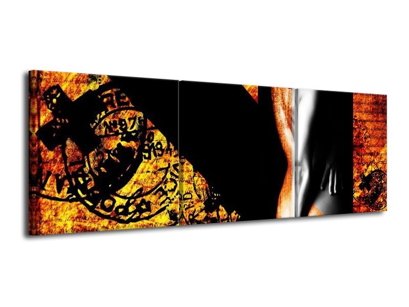 Canvas schilderij Lichaam | Geel, Oranje, Zwart | 120x40cm 3Luik