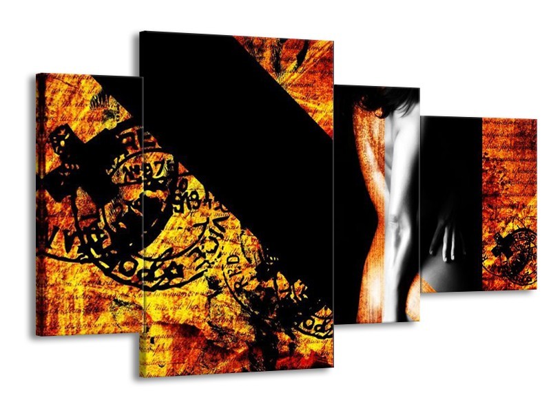 Canvas schilderij Lichaam | Geel, Oranje, Zwart | 120x75cm 4Luik