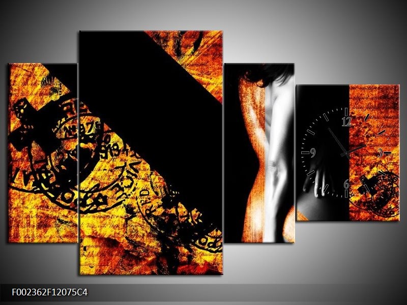 Klok schilderij Lichaam | Geel, Oranje, Zwart | 120x75cm 4Luik