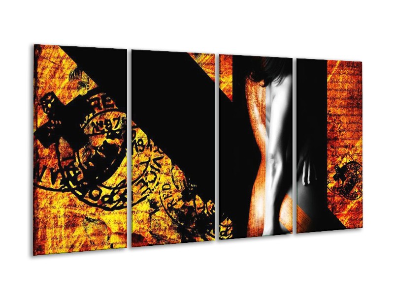 Canvas schilderij Lichaam | Geel, Oranje, Zwart | 160x80cm 4Luik