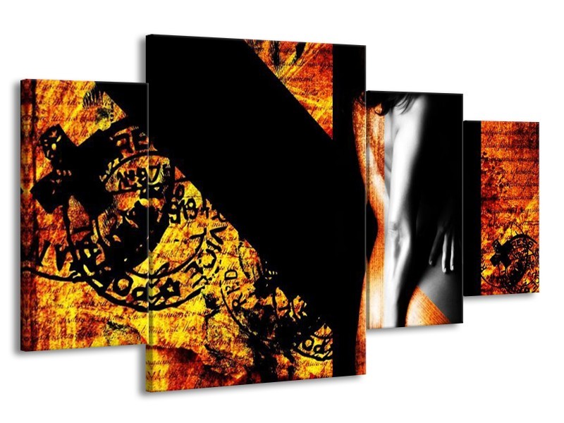 Canvas schilderij Lichaam | Geel, Oranje, Zwart | 160x90cm 4Luik