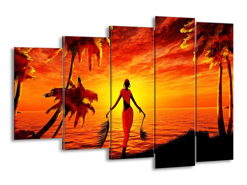 Canvas schilderij Afrika | Geel, Oranje, Zwart | 150x100cm 5Luik