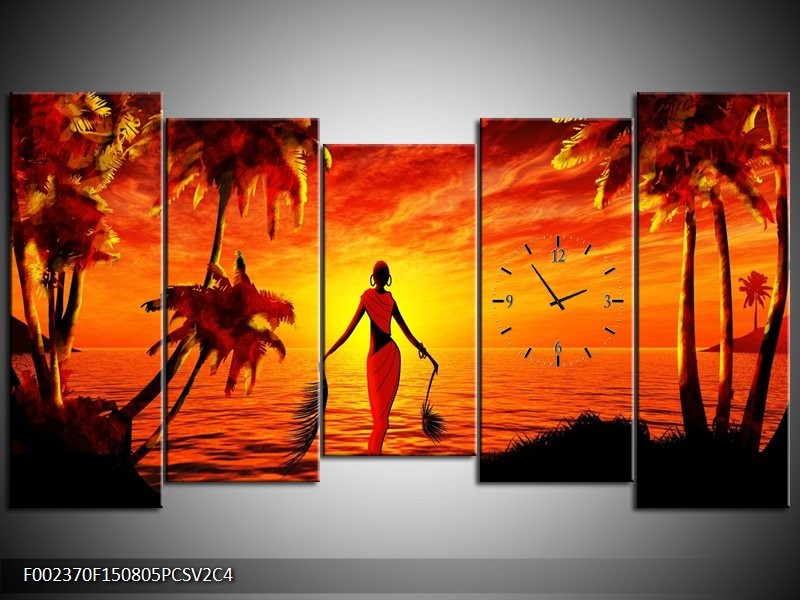 Klok schilderij Afrika | Geel, Oranje, Zwart | 150x80cm 5Luik