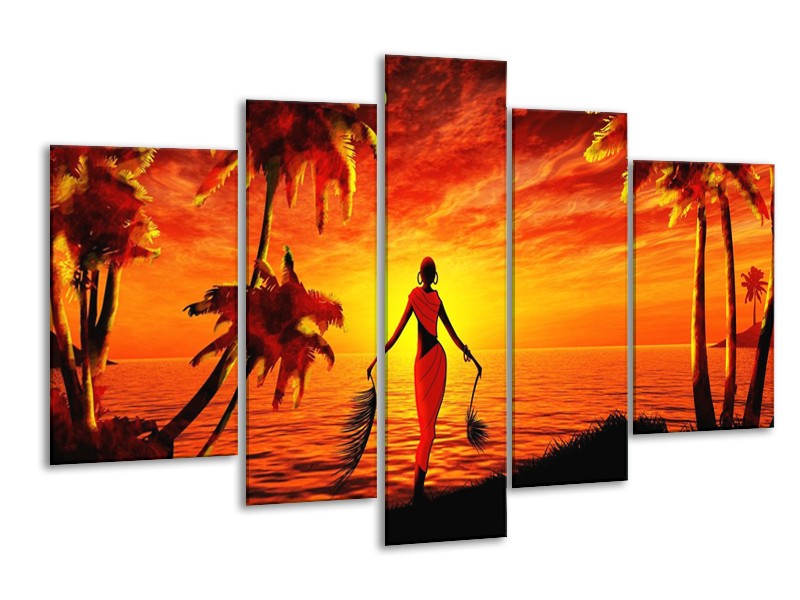 Canvas schilderij Afrika | Geel, Oranje, Zwart | 170x100cm 5Luik