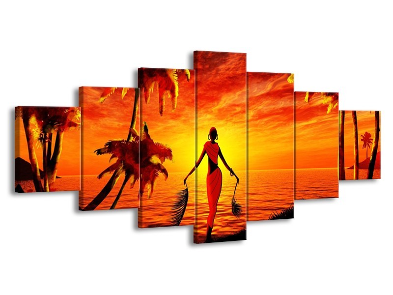 Canvas schilderij Afrika | Geel, Oranje, Zwart | 210x100cm 7Luik