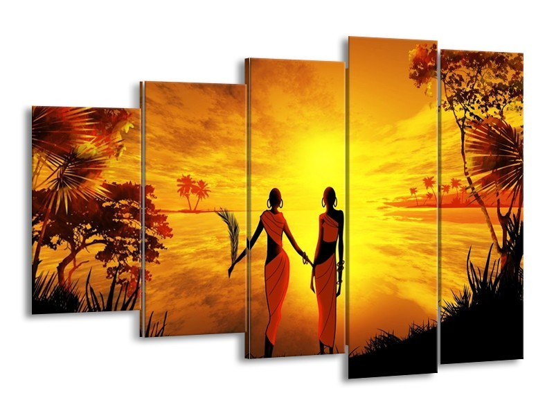 Canvas schilderij Afrika | Geel, Oranje, Zwart | 150x100cm 5Luik