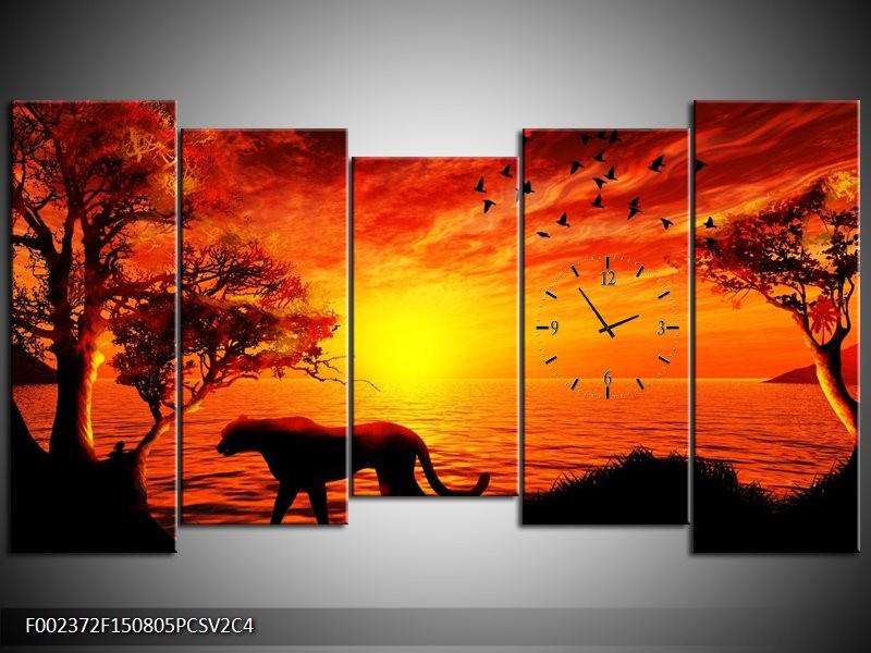 Klok schilderij Natuur | Oranje, Zwart, Rood | 150x80cm 5Luik