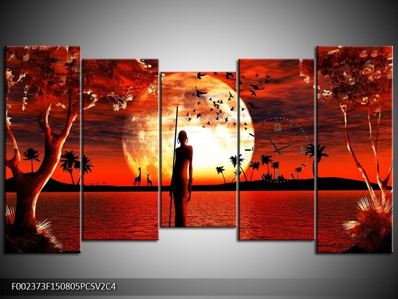 Klok schilderij Afrika | Rood, Wit, Zwart | 150x80cm 5Luik