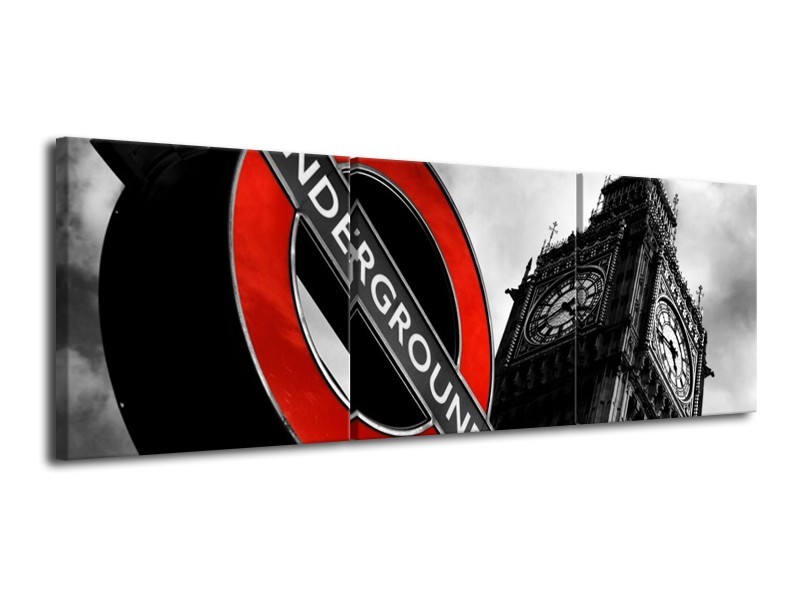 Canvas schilderij Londen | Zwart, Rood, Wit | 120x40cm 3Luik