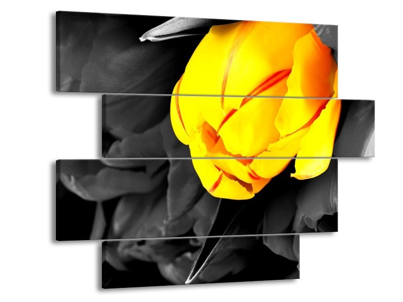 Canvas schilderij Tulp | Geel, Grijs, Zwart | 115x85cm 4Luik
