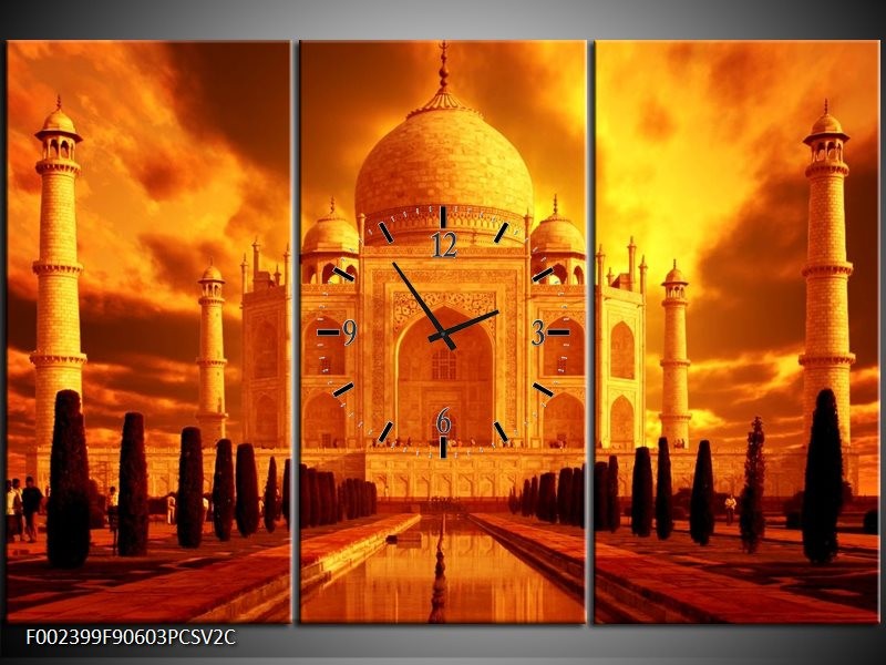 Klok schilderij Taj Mahal | Oranje, Geel, Zwart | 90x60cm 3Luik