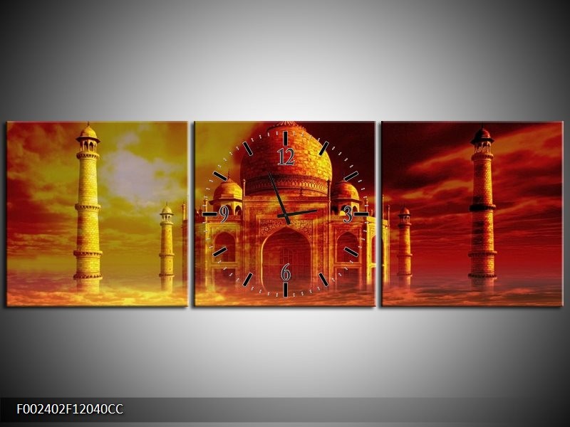 Klok schilderij Taj Mahal | Oranje, Bruin, Geel | 120x40cm 3Luik