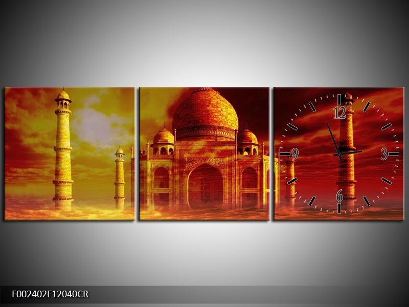 Klok schilderij Taj Mahal | Oranje, Bruin, Geel | 120x40cm 3Luik