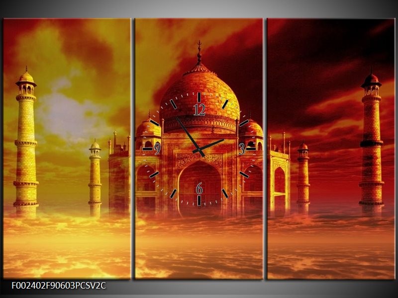 Klok schilderij Taj Mahal | Oranje, Bruin, Geel | 90x60cm 3Luik