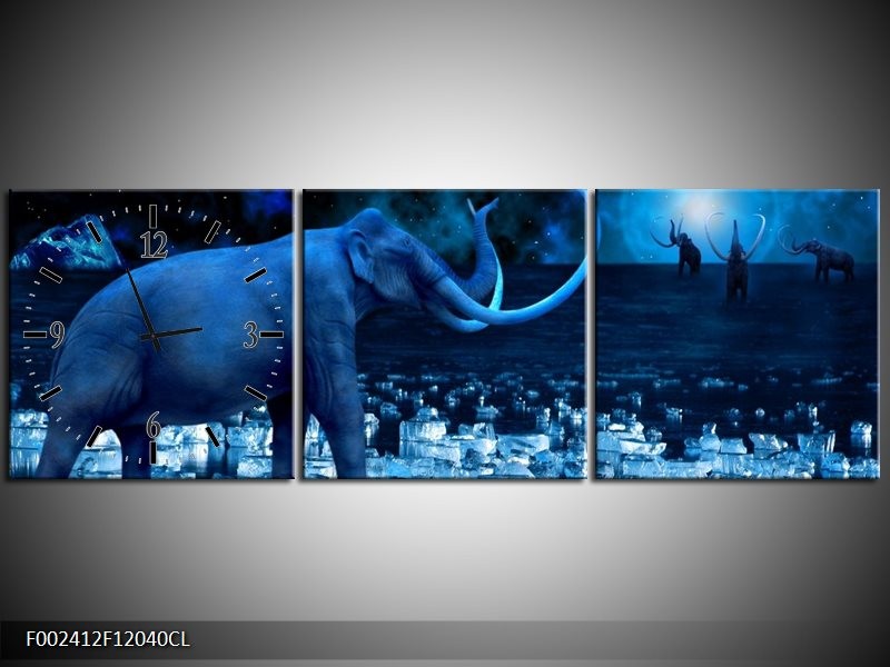 Klok schilderij Olifant | Blauw, Wit, Zwart | 120x40cm 3Luik