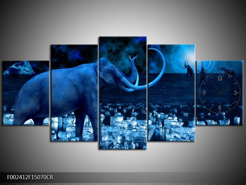 Klok schilderij Olifant | Blauw, Wit, Zwart | 150x70cm 5Luik