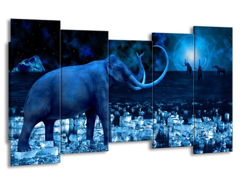 Canvas schilderij Olifant | Blauw, Wit, Zwart | 150x80cm 5Luik