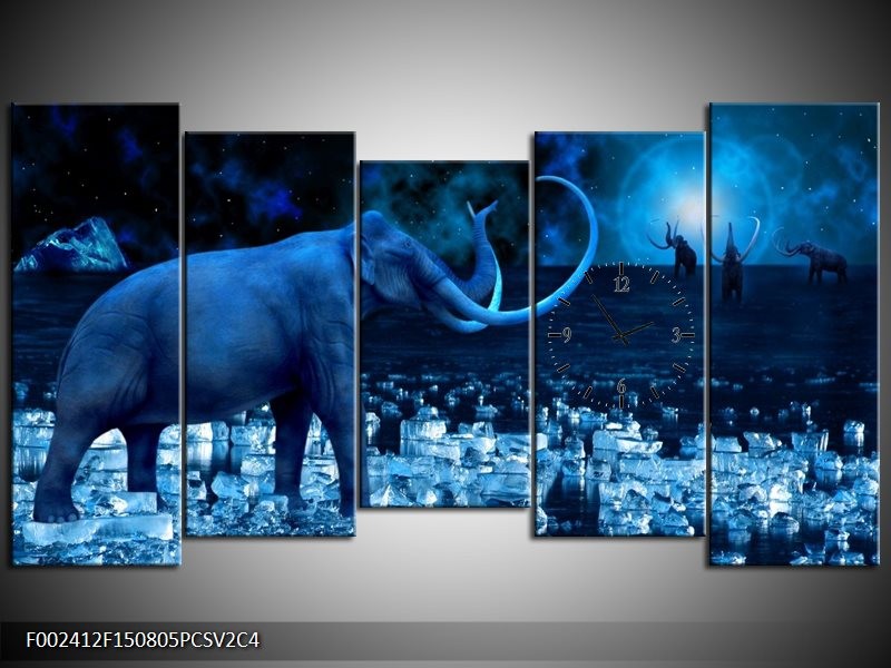 Klok schilderij Olifant | Blauw, Wit, Zwart | 150x80cm 5Luik