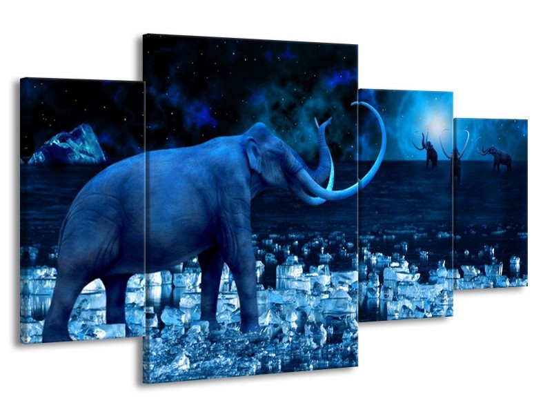 Canvas schilderij Olifant | Blauw, Wit, Zwart | 160x90cm 4Luik