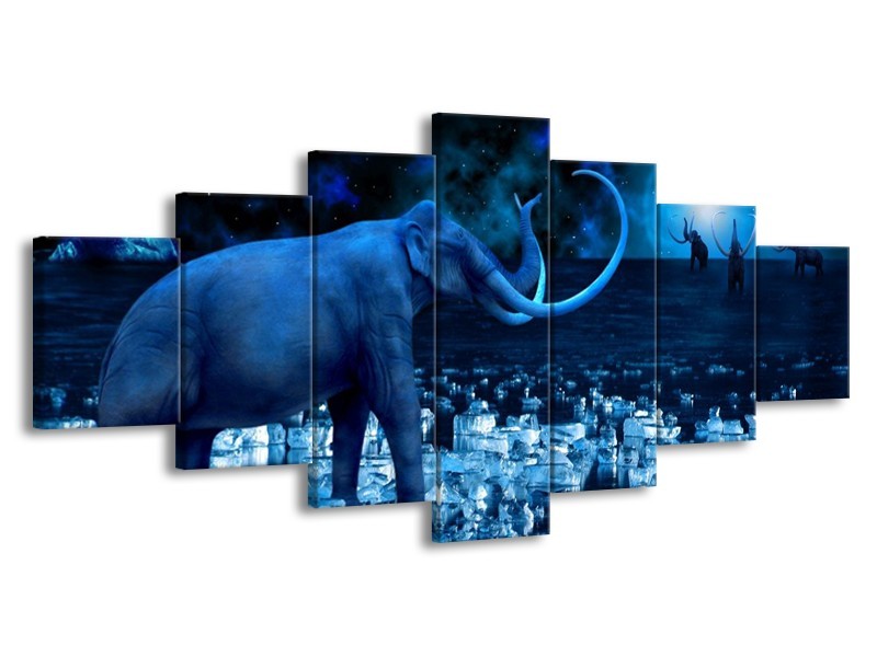 Canvas schilderij Olifant | Blauw, Wit, Zwart | 210x100cm 7Luik