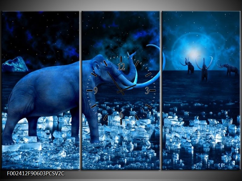 Klok schilderij Olifant | Blauw, Wit, Zwart | 90x60cm 3Luik