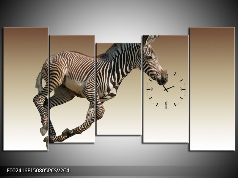 Klok schilderij Zebra | Zwart, Wit, Bruin | 150x80cm 5Luik