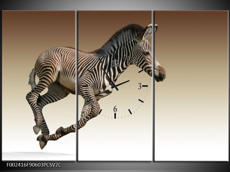 Klok schilderij Zebra | Zwart, Wit, Bruin | 90x60cm 3Luik
