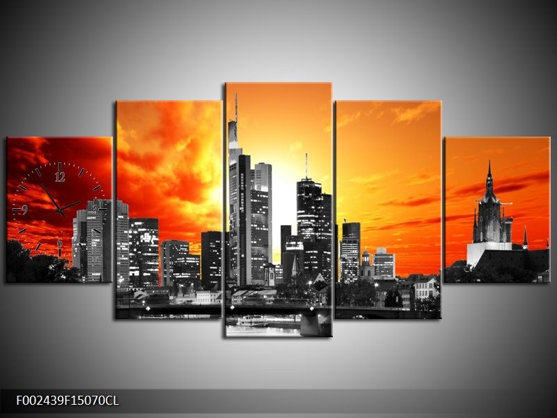 Klok schilderij Gebouw | Grijs, Geel, Oranje | 150x70cm 5Luik